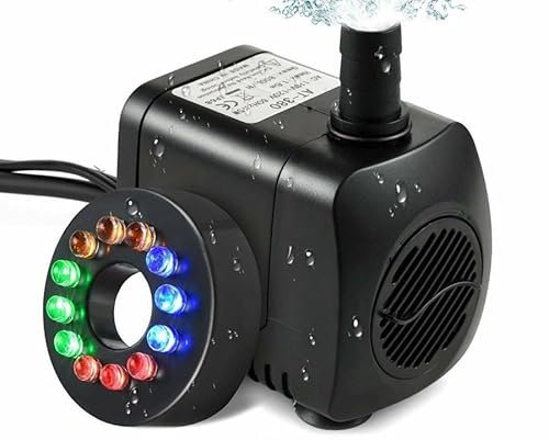Teichpumpe Elektrische Springbrunnen Wasserpumpe mit 12LED Licht Teich Garten Pool Tauchpumpe 15W(EU PLUG)