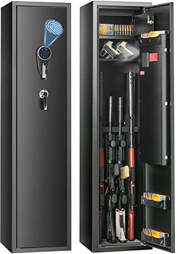 VEVOR Armoire à 6 Fusils en Acier avec Coffre Intérieur Coffre-Fort pour Armes à Feu 3 Façons de Verrouillage Empreinte Digitale Mot de Passe Clé Anti-Effraction Alarme Antivol Domicile 36x35x145 cm