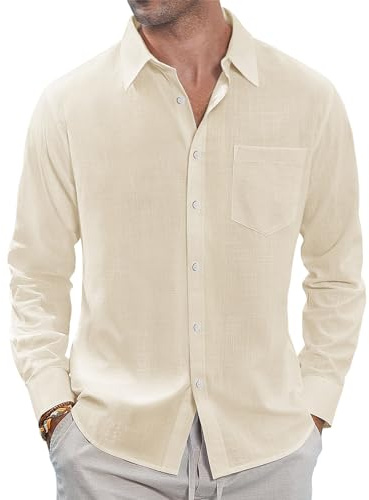 J.VER Men's Linen Cotton Button Down Shirts Lightweight Casual Wedding Long Sleeve Shirt Summer Beach Top with Pocket Beige Large