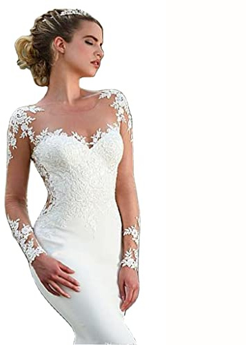 Abiti da Sposa Sirena in Pizzo per la Sposa, Maniche Lunghe a V Maniche Lunghe Abiti da Ballo da Donna da Donna con Piccola Coda Bianca Us 26W, Bianco, US 10