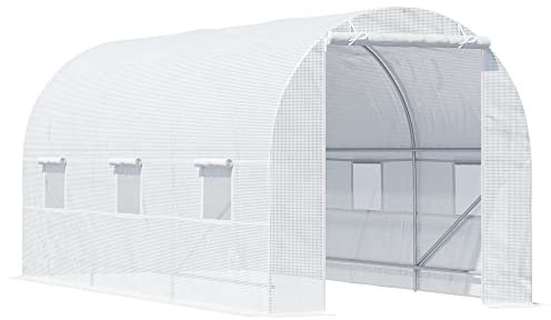 Outsunny Invernadero de Exterior 4,5x2x2 m Invernadero de Túnel con 6 Ventanas de Malla y Puerta Enrollable con Cremallera Invernadero de Huerto Anti-UV para Patio Jardín Blanco