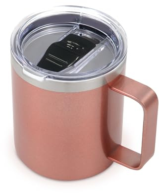 Volhoply 420ml isolierte Edelstahl-Kaffeebecher mit auslaufsicherem Deckel,doppelwandige Vakuum-Reisetasse mit Henkel, Metall-Thermobecher,Campingbecher,die heiß/kalt halten(Roségold,1)