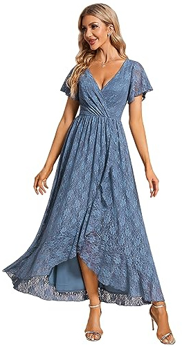 Ever-Pretty Women's A Line Empire Waist V Neck Lace High-Low Elegant Evening Dresses Dusty Navy 16UK