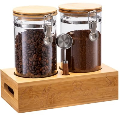 Spreccio Coffee Canister Set with Shelf, 2 x 50oz Coffee Bean Canister Storage Station Organizer with Airtight Lid for Kitchen, Food Storage with Scoop for Ground, Sugar, Cereal and Tea
