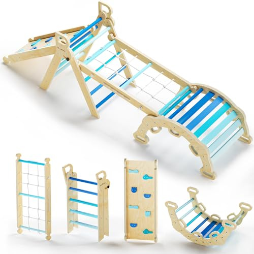 BlueWood 2025 8-in-1 Pikler Triangle Climbing Set Toddler Toys Indoor Baby Jungle Gym Climber Playground for Kids - Sky Blue