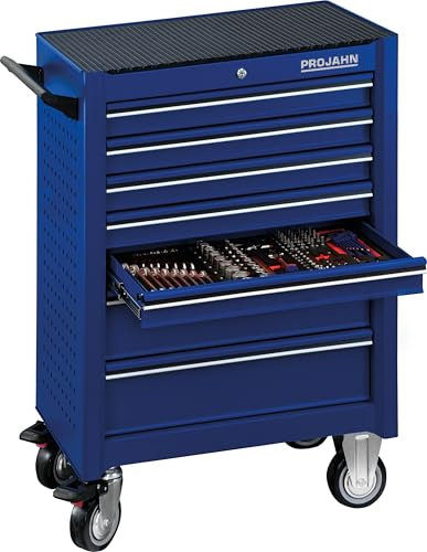 Projahn Werkstattwagen UNIVERSE mit 198-teiliger Bestückung, Werkzeugwagen mit 7 Schubladen, Werkstattschrank mit 4 Rollen, Blau, abschließbar 6501-522