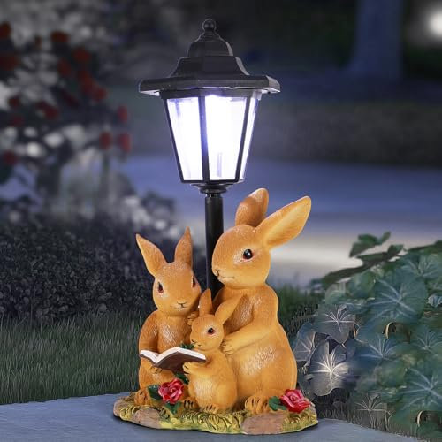 SUNJULY - Statue de jardin solaire en résine - Lapin avec lumières solaires - Décoration extérieure imperméable - Jardin, cour, pelouse