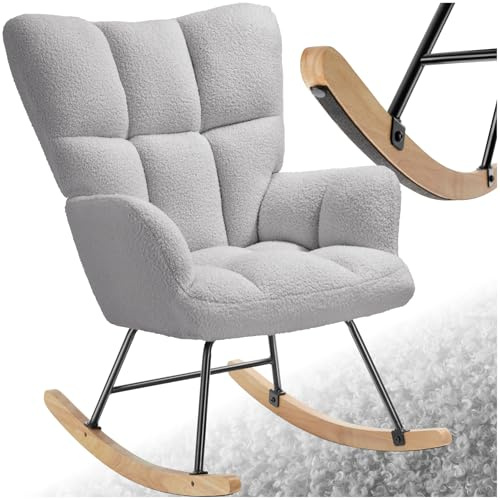 tectake® Sedia A Dondolo, Imbottitura in Gommapiuma, Motivo Trapuntato, Schienale Alto, Braccioli Larghi, Telaio in Acciaio, Pattini In Legno Massiccio, Design Moderno - Grigio Chiaro