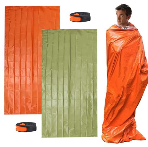 KASESSS 2 Stück Biwaksack, Biwak mit Pfeife, Notfall Schlafsack Leichter, Wasserdicht Bivy Bag, Biwaksack Ultraleicht für Outdoor Camping Wandern und Abenteuer für Erwachsene 215 × 90 cm (Orange Grün)