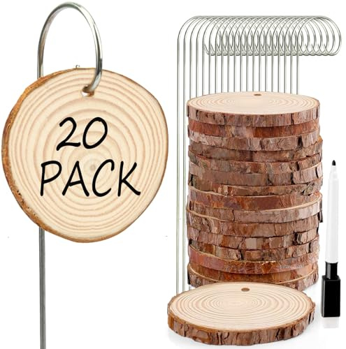 20 etichette in legno per piante con pennarello, in legno naturale, per fiori, erbe, piante in vaso, include paletti in acciaio inox e penna impermeabile