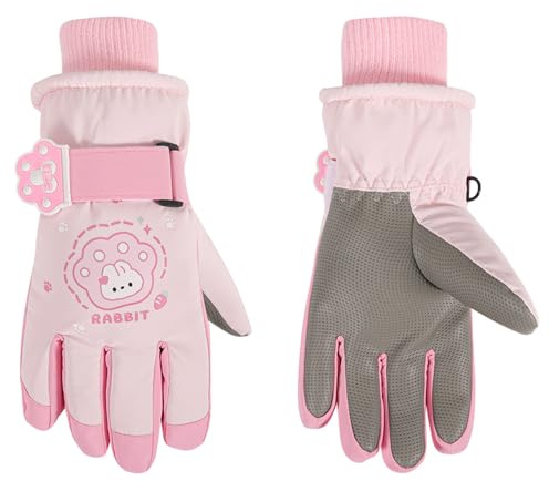 Jupsk Kids Winter Ski Gloves Waterproof Anti Slip Plush Thermal Snowboard Bunny Panda Gloves for Children Girls and Boys Age 5-10 （Bunny）