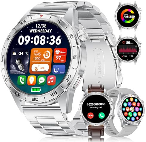 Montre Connectée Homme avec Appels Bluetooth, 1.43'' HD Amoled Écran Smartwatch Homme avec Fréquence Cardiaque/Sommei/SpO2, IP68 Étanche Montre Fitness avec 120 Modes Sportifs pour Android iOS, Argent