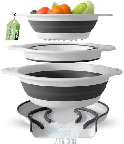 Collapsible Colanders (3 Pack Set) Food Strainers with Over-Sink Water Draining Base for Pasta Fruits and Vegetables(White)