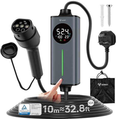 GONEO 10M 3 Pin EV Charger Type 2 UK Plug | Electric Car Charger Cable 10A 2.3kW | Temperature Monitoring,AC 30mA+DC 6mA Leakage & Earth Fault Protection | Adjustable Current & Timer for Home Charging