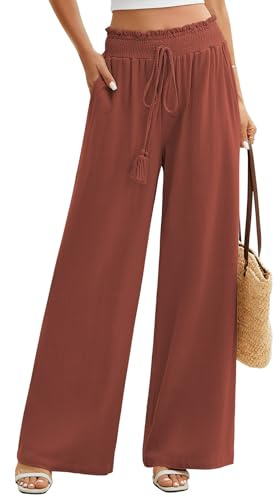 UMIPUBO Women Cotton Linen Trousers Summer Wide Leg Pants Elastic Waist Lightweight Beach Trousers Ladies Palazzo with Pockets Casual Flowy Loose Bottoms Trousers for Work Yoga Holiday