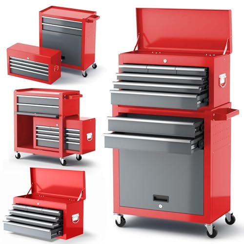 AIRAJ 8-Drawer Tool Cabinets & Tool Chests,40'' Large Rolling Tool Chest with Lock,2 in 1 Lockable Metal Tool Box with Removable Top Cabinet,Workshop Storage, Warehouse Organization,Red