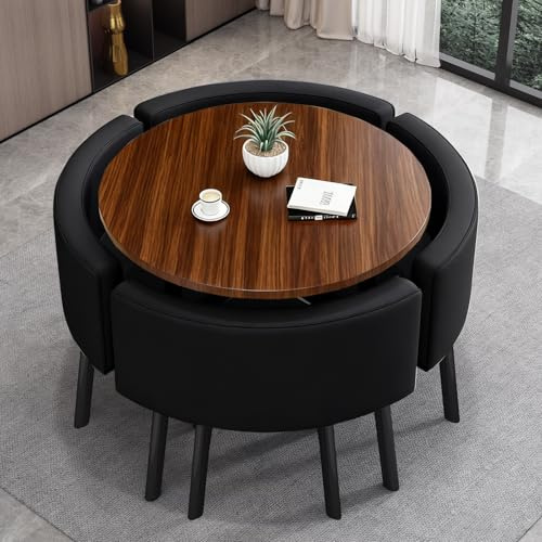VTELGT Runder Esstisch mit 4 Stühlen, Essgruppe 5-Teilig Komplettset, Küchentisch Sitzgruppe für für Küche, Esszimmer, Wohnzimmer und Büro, 4-6 Sitzplätze,Walnut