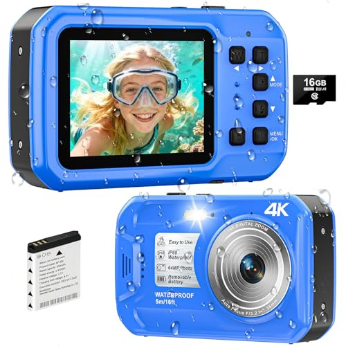 Yixinxin fotocamera subacquea 4K 64MP 16FT fotocamera impermeabile per snorkeling, schermo IPS HD 16X zoom digitale e scheda 32GB