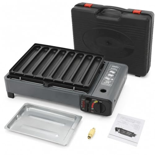 Bärbar butan gasgrill 2,2 KW camping gasspis med grillplatta för 8 korv och transportfodral, piezotändning övertrycksskydd för camping picknick utomhus
