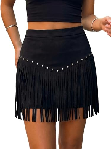Svuitmsl Women Western Cowgirl Fringe Mini Skirt Vintage High Waisted Mini Suede Tassel Skirt Country Concert Rave Party Wear