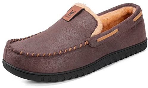 VeraCosy Men's Classic Moccasin Slippers Soft Faux Suede Memory Foam Closed-back Indoor House Shoes Coffee, 9 UK
