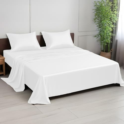 LINENWALAS Juego de sábanas King, 300 hilos 100% bambú, juego de ropa de cama con tejido satén refrescante tipo seda, con 1 sábana bajera, 1 sábana encimera y 2 fundas de almohada (King, blanco)