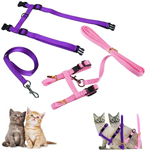 Morices 2 Pack Cat Harness and Leash, Adjustable Comfortable Nylon Pet Strap Collar with Leash, Escape Proof Safety Rope Leads Chest Strap for Kitten Puppy Rabbits Walking Training (Pink & Purple)