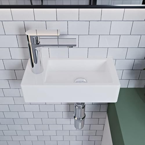 DeerValley DV-1V081R/L Ceramic Wall Mount Bathroom Sink, Small Bathroom White Rectangular Ceramic Wash Basin (Left Hand with Faucet)