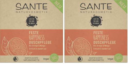 SANTE Naturkosmetik Jabón sólido para la ducha para piel delicada, fórmula vegana con naranja ecológica y mango, cuidado de ducha sólido Happiness, 1 x 80 g (Paquete de 2)