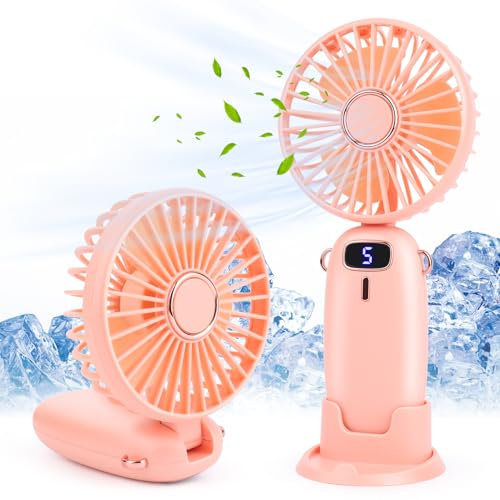 KEWUZY Ventilateur à Main, Ventilateur Portatif, Petit Ventilateur De Poche 5 Vitesses Avec Base, Mini Ventilateur USB Portable Silencieux Puissant Table Pour Bureau, Extérieur (Rose)