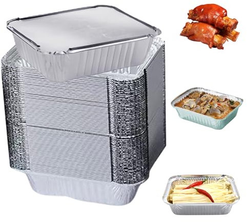 MEYAGOT Bandejas de Aluminio, 60 Piezas Bandejas Aluminio Desechables con Tapas, Bandeja de Goteo Barbacoa 650 Ml, Bandejas de Aluminio Desechables para Barbacoa, Pastel, Fruta, Picnic, Campamento
