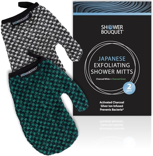 SHOWER BOUQUET Japanese Exfoliating Mitt 2-Pack, Charcoal & Silver Ion