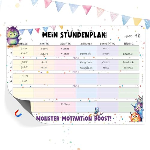 TOBJA Calendario delle lezioni magnetico scuola elementare – dolce mostro design | orario cancellabile ragazzi e ragazze | orario 1a classe (senza penna)