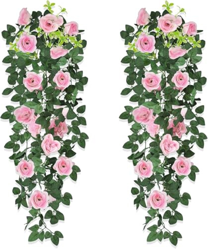 JOZMMZEOOA 2 Pezzi Rose Artificiali Ghirlande 90 CM Fiori Rose Artificiali Decorazioni Pianta Cadente Fiori Finti Interno Esterno Piante Pendenti Artificiali,per Matrimonio Casa Feste Giardino (Rosa)