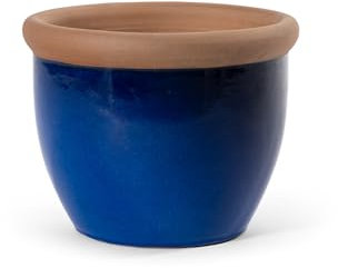 Teramico Pflanzgefäß Blumentopf Steinzeug glasiert mit braunem Rand - Handarbeit 25cm - 42cm (Royal Blau, 25cm)