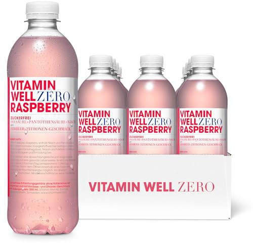Geschmackvolles Vitamin Wasser mit Pantothensäure, Folsäure, Niacin – Zuckerfreies Getränk, angereichert mit essenziellen Nährstoffen, 12 x 500ml inkl. Pfand (Zero Raspberry)