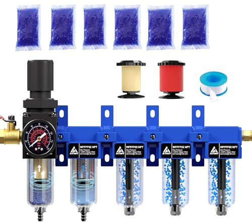 ATINY 1/4'' NPT 5 Stage Air Drying System,Air Dryer for Compressor,5 &0.01 Micron Filter Cartridge,Triple Desiccant Dryers & Air Regulator,Metal Bowl, Semi-Auto Drain,Industrial Grade-Blue