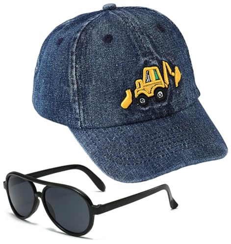 Escavatore Cappello da Baseball per Bambini, 2PCS Cappellino Estivo Occhiali da Sole Set Berretto Visiera Cappellino da Baseball Hat da Sole Cappello Regolabile Berretto di Protezione Solare (Blu)