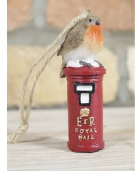 Christmas Bauble, Robin on Post Box Bauble, Traditonal Christmas Decorations, Xmas Tree Bird Robin Vintage Style Ornament, Red Post Box Figurine