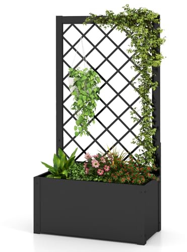 HOMASIS Pflanzkübel mit Rankgitter, Blumenkasten mit Spalier, Pflanzkasten aus Metall, Hochbeet Pflanzgefäß Rankkasten Gartenspalier Rankhilfe für Balkon Garten Terrasse (Schwarz, 63x31x112cm)