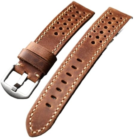 MCNVNEFSAW Handgjort armband i äkta läder, vintage, andningsbart kohudararmband med hål, 20 22 24 26 mm, herrarmband klockarmband(Silver Buckle,26mm)