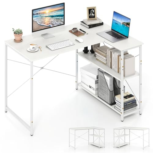 COSTWAY Scrivania Angolare a Forma di L, Scrivania ad Angolo Salvaspazio e Reversibile con Ripiano Regolabile e Struttura in Metallo Resistente, Tavolo per Ufficio e Casa (Bianco)
