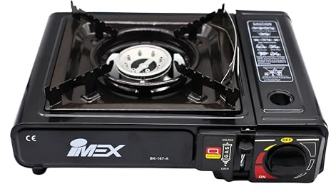 IMEX Réchaud à gaz portable avec allumage piézo - Réchaud au butane pour camping, extérieur et festival - 7650 BTU - Puissance : 2,2 kW - Mallette de transport - Modèle BK-167-A