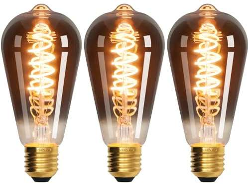 Terafeels 3 Pack E27 Screw Bulbs, ST64, 4W, 220-240V, 2200K Warm Yellow Glow, Grey Glass,Spiral Filament, Dimmable LED Vintage Light Bulb