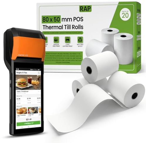 80 x 50 mm Thermal Paper Rolls Pack of 20 Receipt Rolls for Mobile POS, Just Eat Receipt Printer Rolls, Uber Eats Delivery Machines Thermal Till Rolls Compatible for all Portable Cash Receipt Devices.