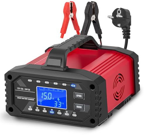 Chargeur de batterie de voiture 15A, chargeur 12V/24V à 10 niveaux avec mode réparation et compensation de température, chargeur de batterie intelligent pour voiture, moto, batterie AGM, LiFePO4 (15A)