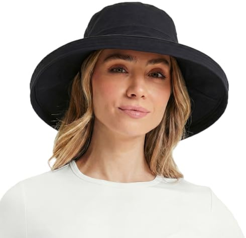 TOP-EX UVCoolix™ - Uppfriscande solhatt för dam - UV-skydd UPF 50+ - Stor bräm - Vikbar - Med öppning för hästsvans - För stranden, vandring, trädgårdsarbete, svart, XL