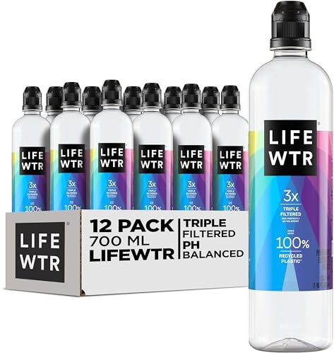 LIFEWTR Premium Purified Water, pH Balanced with Electrolytes, 100% recycled plastic bottles, 23.7 Fl Oz Flip Cap Bottles, 700 mL (Pack of 12)