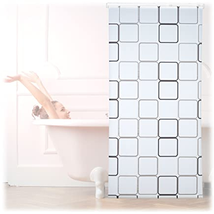 Relaxdays Cortina de ducha SQUARE, A cuadros, Soporte de techo, Semitransparente, 100x240 cm