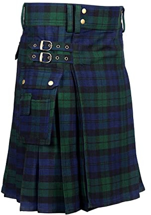 Scottish Designer Tartan Utility Kilts for Men 8 Yard 13oz Kilt (Black Watch Tartan, Belly Button Measurements 40)